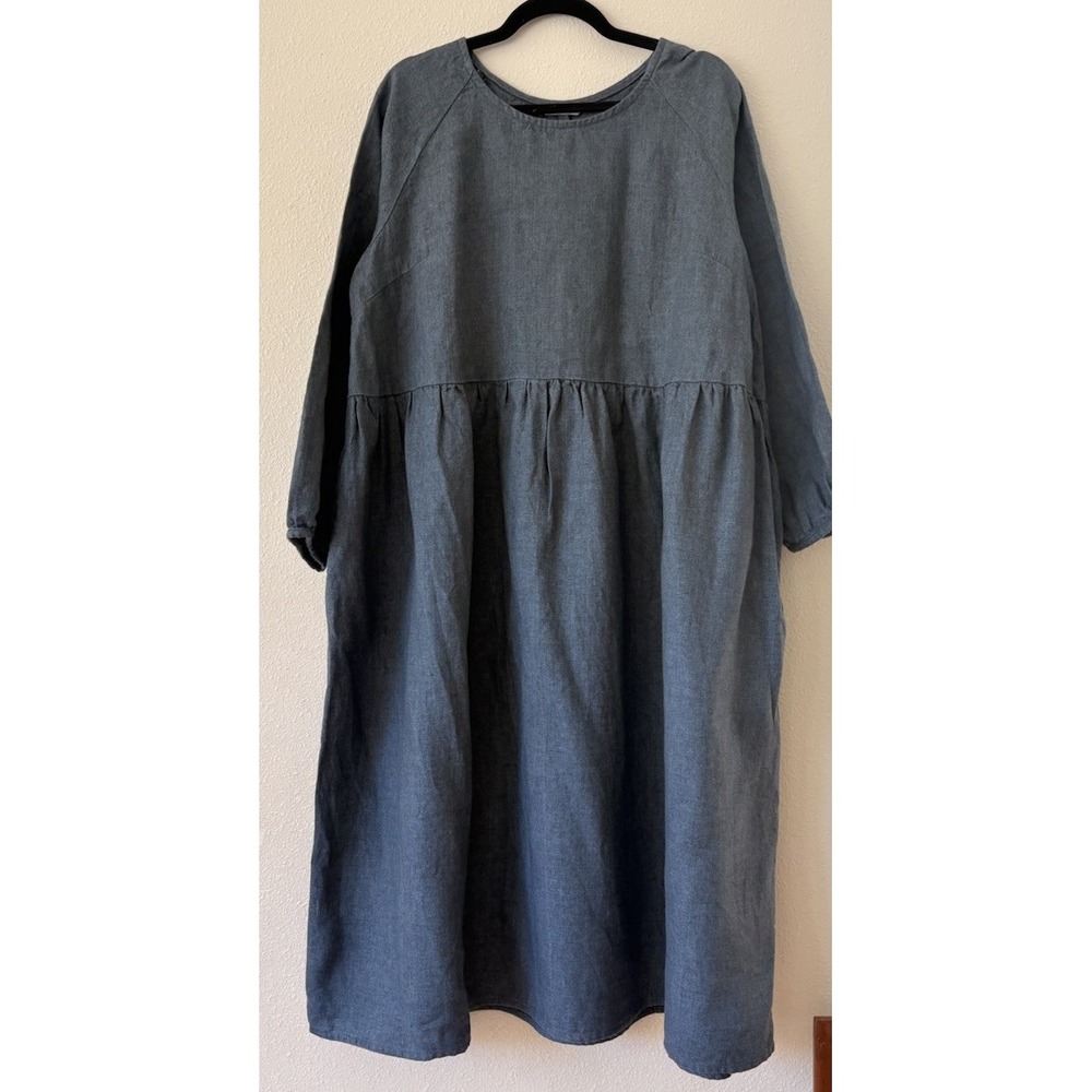 Linenfox Margo Linen Wool Dress Blue Size S-M Oversized Cottagecore Maxi A-line